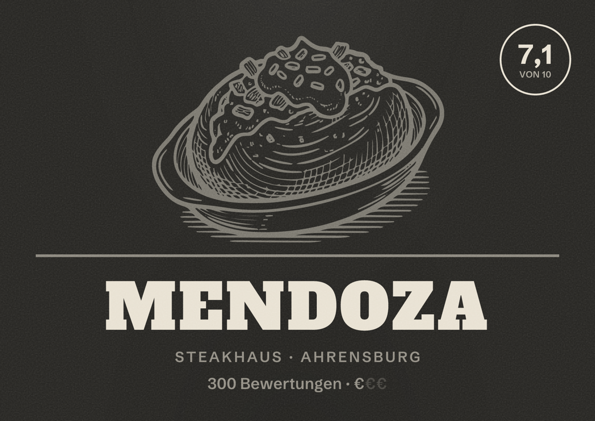 Illustriertes Poster von Mendoza, Steakhaus in Ahrensburg: Bewertung 7,1 von 10 aus 300 Bewertungen, Preisniveau €