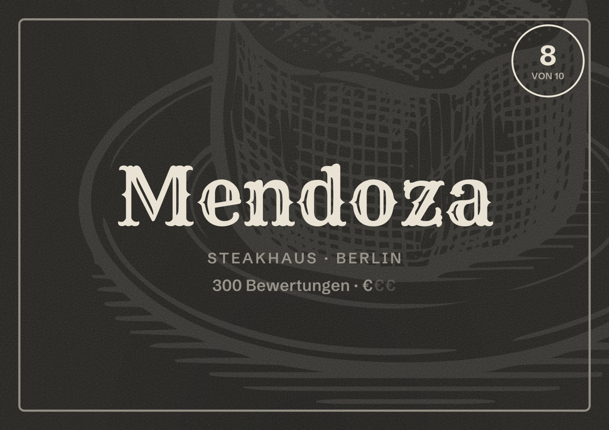 Illustriertes Poster von Mendoza, Steakhaus in Berlin: Bewertung 8,0 von 10 aus 300 Bewertungen, Preisniveau €