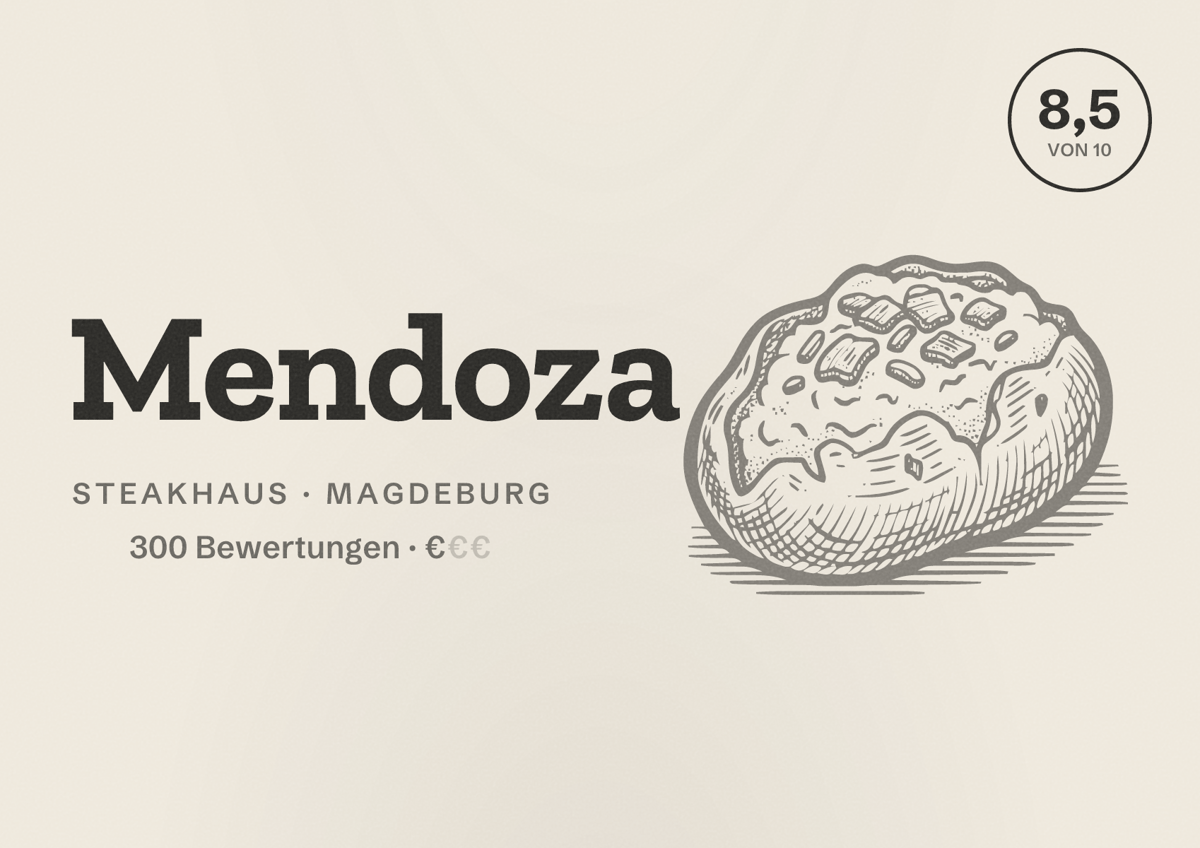 Illustriertes Poster von Mendoza, Steakhaus in Magdeburg: Bewertung 8,5 von 10 aus 300 Bewertungen, Preisniveau €