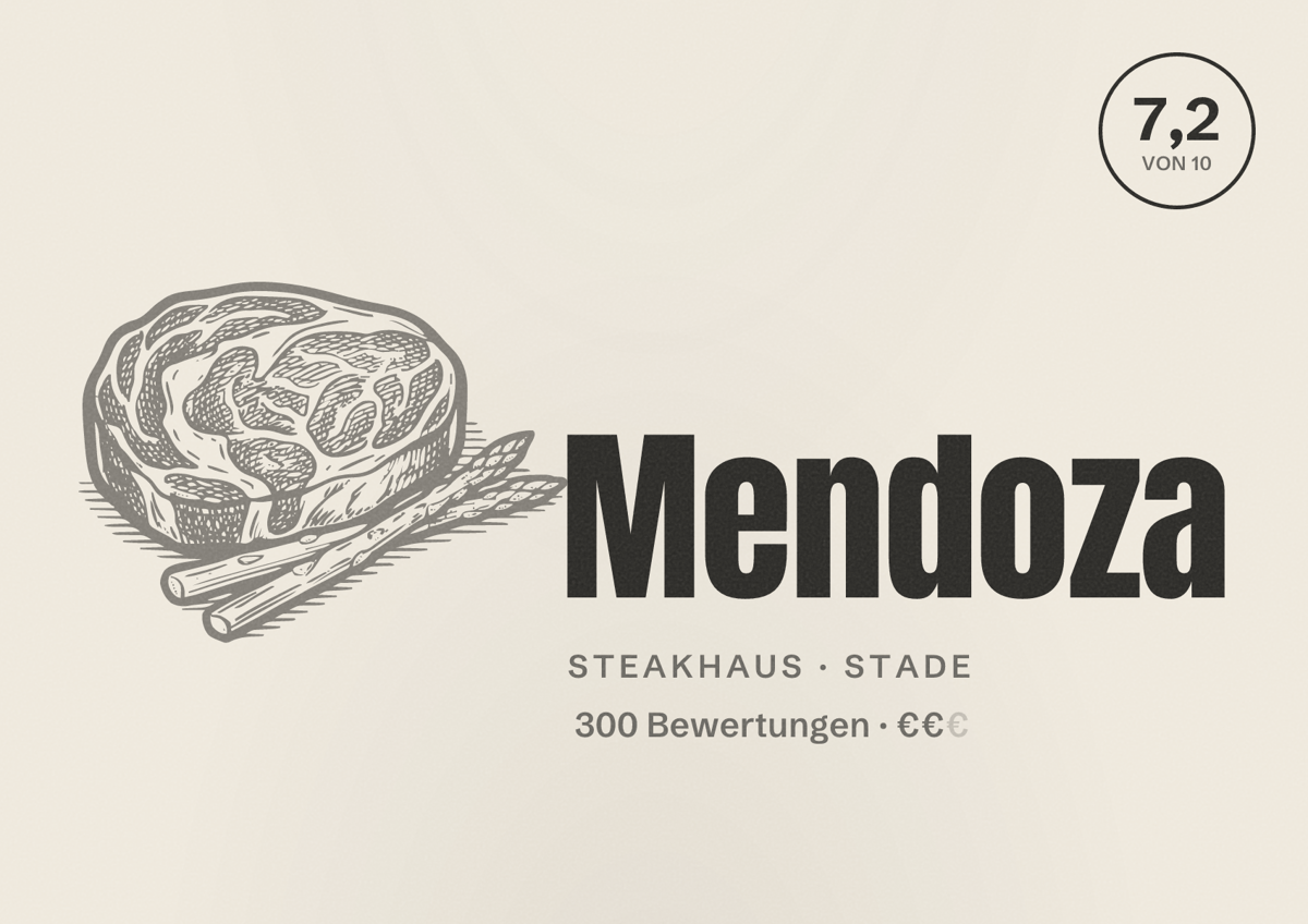 Illustriertes Poster von Mendoza, Steakhaus in Stade: Bewertung 7,2 von 10 aus 300 Bewertungen, Preisniveau €€