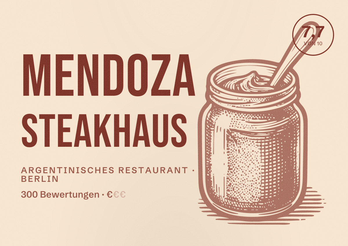 Illustriertes Poster von Mendoza Steakhaus, Argentinisches Restaurant in Berlin: Bewertung 7,7 von 10 aus 300 Bewertungen, Preisniveau €
