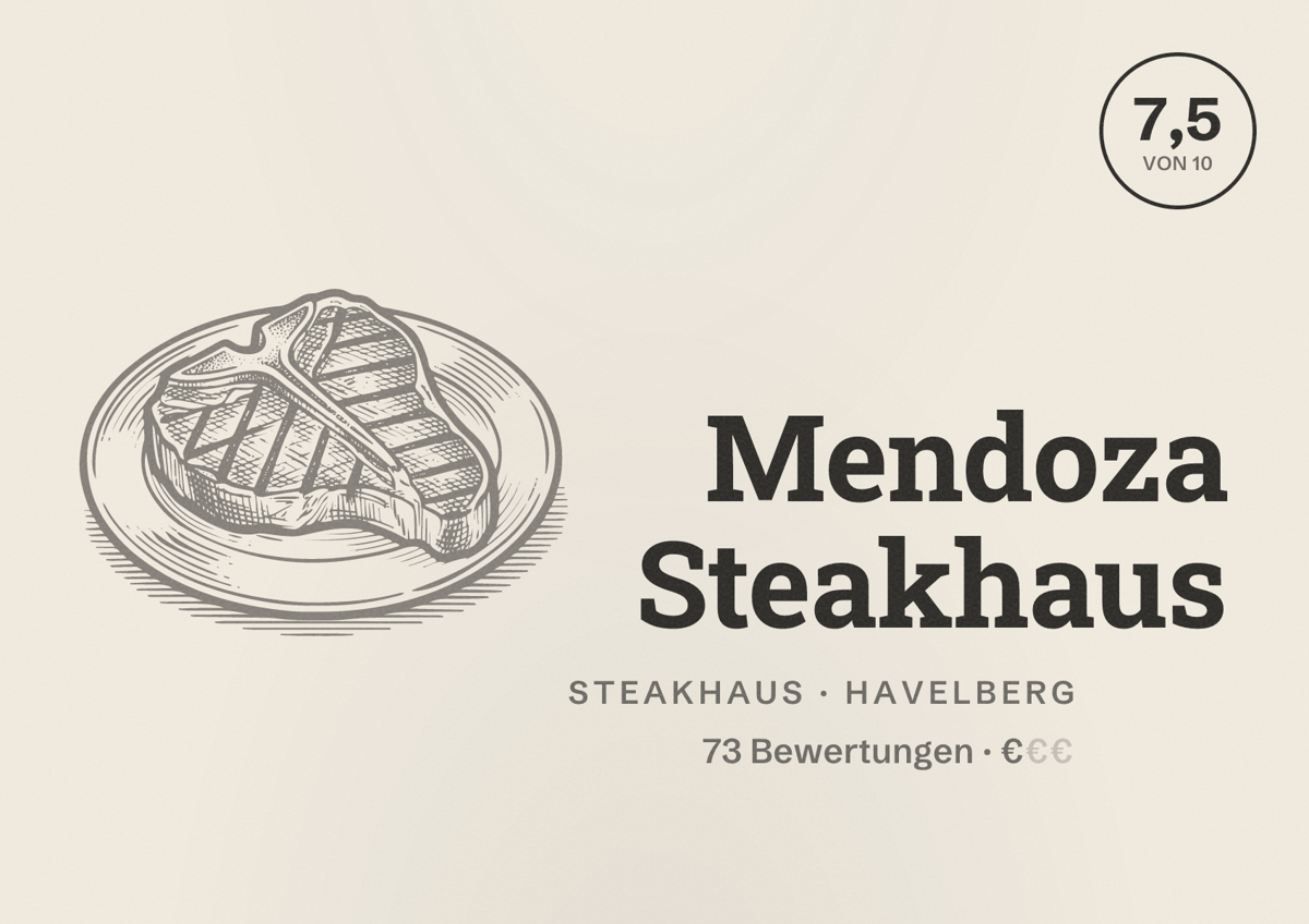 Illustriertes Poster von Mendoza Steakhaus, Steakhaus in Havelberg: Bewertung 7,5 von 10 aus 73 Bewertungen, Preisniveau €