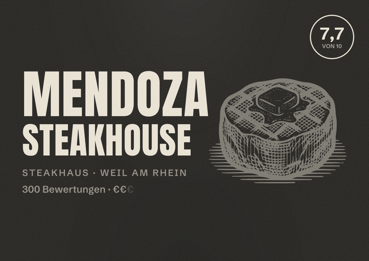 Illustriertes Poster von Mendoza Steakhouse, Steakhaus in Weil am Rhein: Bewertung 7,7 von 10 aus 300 Bewertungen, Preisniveau €€