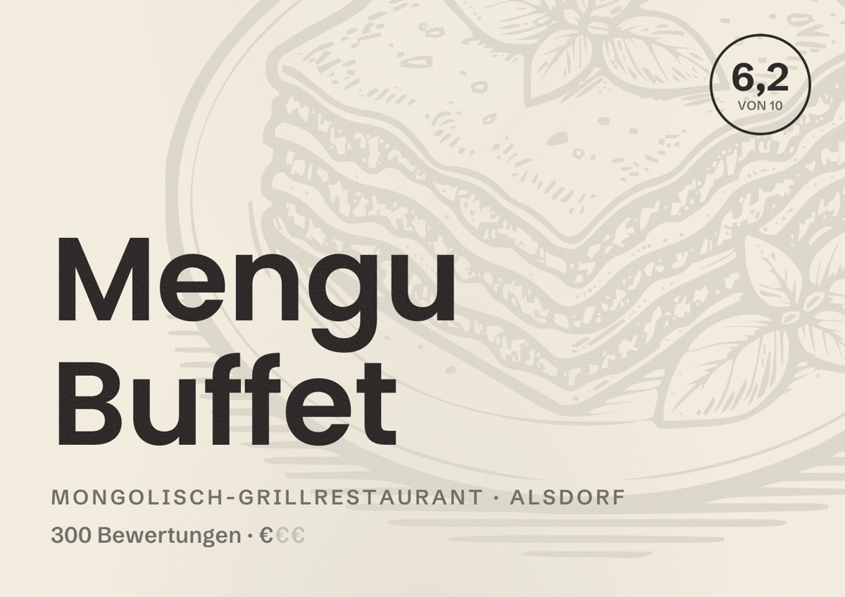Illustriertes Poster von Mengu Buffet, Mongolisch-Grillrestaurant in Alsdorf: Bewertung 6,2 von 10 aus 300 Bewertungen, Preisniveau €