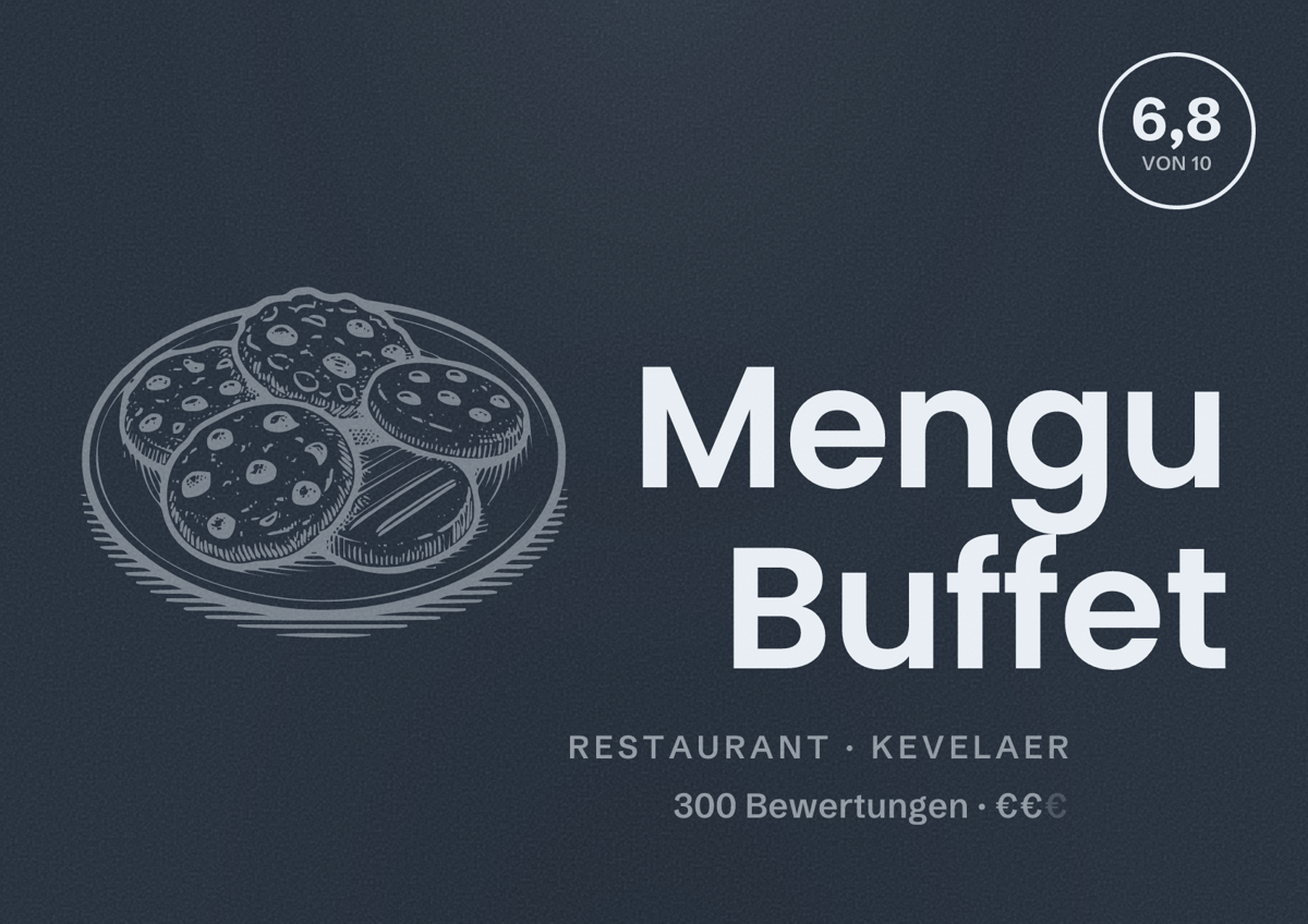 Illustriertes Poster von Mengu Buffet, Restaurant in Kevelaer: Bewertung 6,8 von 10 aus 300 Bewertungen, Preisniveau €€