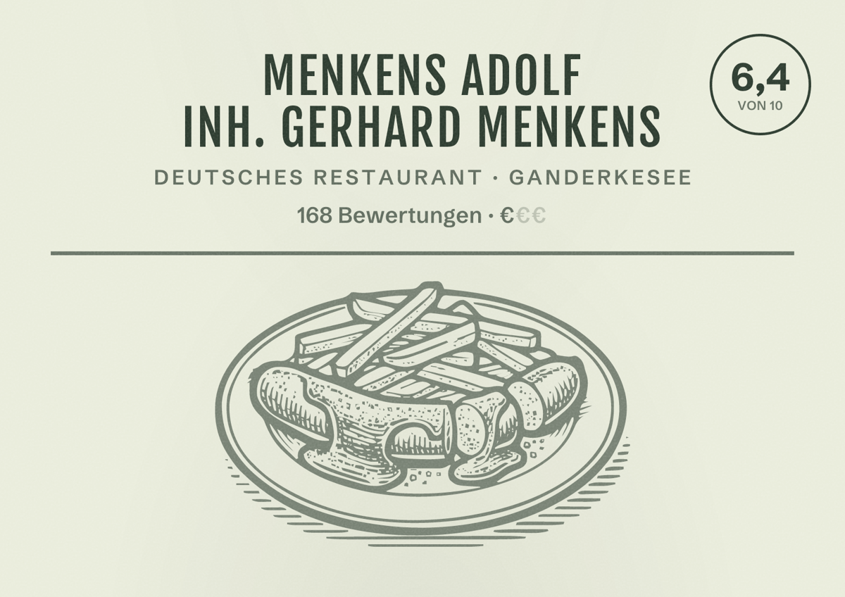 Illustriertes Poster von Menkens Adolf Inh. Gerhard Menkens, Deutsches Restaurant in Ganderkesee: Bewertung 6,4 von 10 aus 168 Bewertungen, Preisniveau €
