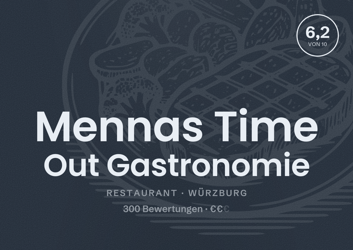 Illustriertes Poster von Mennas Time Out Gastronomie, Restaurant in Würzburg: Bewertung 6,2 von 10 aus 300 Bewertungen, Preisniveau €€