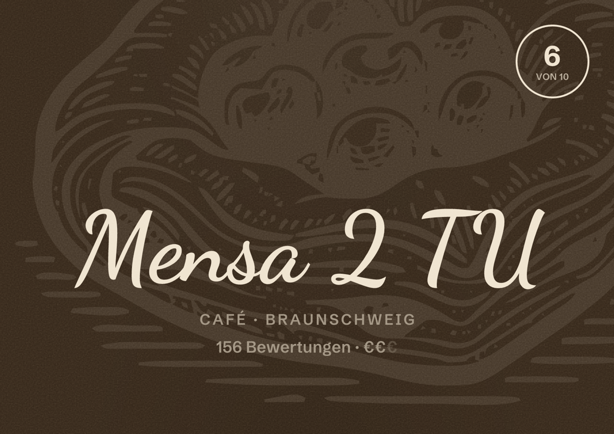 Illustriertes Poster von Mensa 2 TU, Café in Braunschweig: Bewertung 6,0 von 10 aus 156 Bewertungen, Preisniveau €€