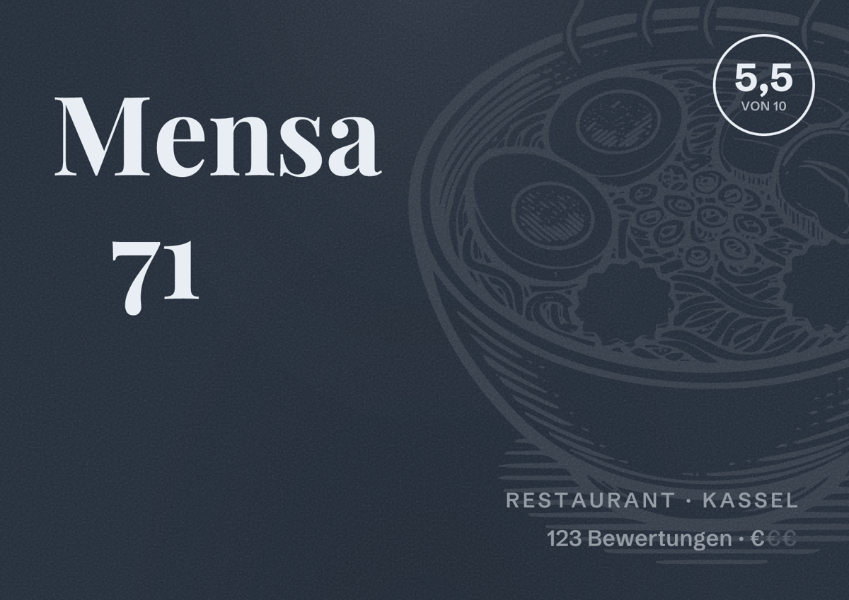 Illustriertes Poster von Mensa 71, Restaurant in Kassel: Bewertung 5,5 von 10 aus 123 Bewertungen, Preisniveau €