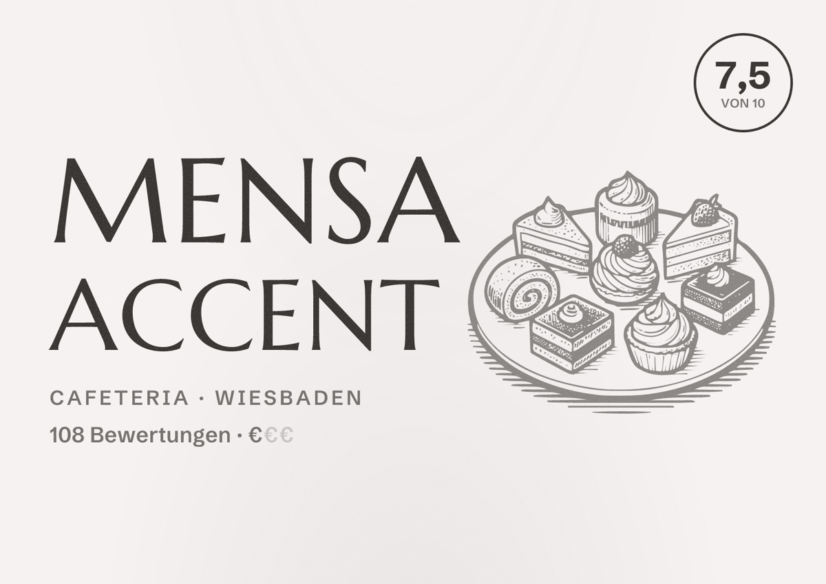 Illustriertes Poster von Mensa accent, Cafeteria in Wiesbaden: Bewertung 7,5 von 10 aus 108 Bewertungen, Preisniveau €