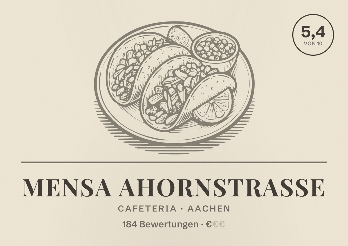 Illustriertes Poster von Mensa Ahornstraße, Cafeteria in Aachen: Bewertung 5,4 von 10 aus 184 Bewertungen, Preisniveau €