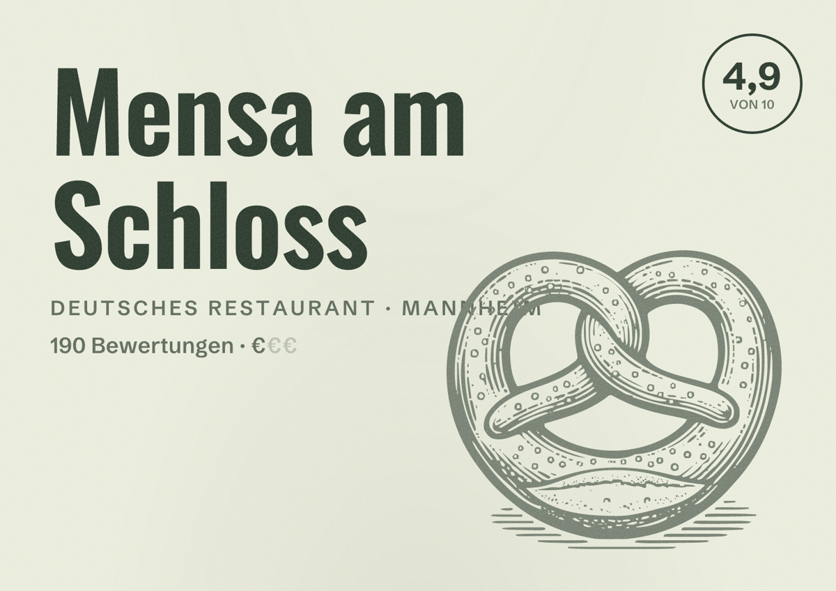 Illustriertes Poster von Mensa am Schloss, Deutsches Restaurant in Mannheim: Bewertung 4,9 von 10 aus 190 Bewertungen, Preisniveau €