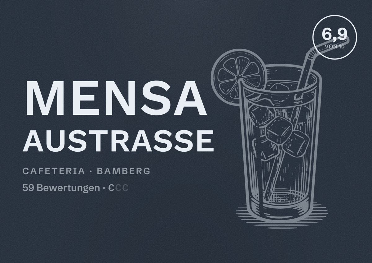 Illustriertes Poster von Mensa Austraße, Cafeteria in Bamberg: Bewertung 6,9 von 10 aus 59 Bewertungen, Preisniveau €