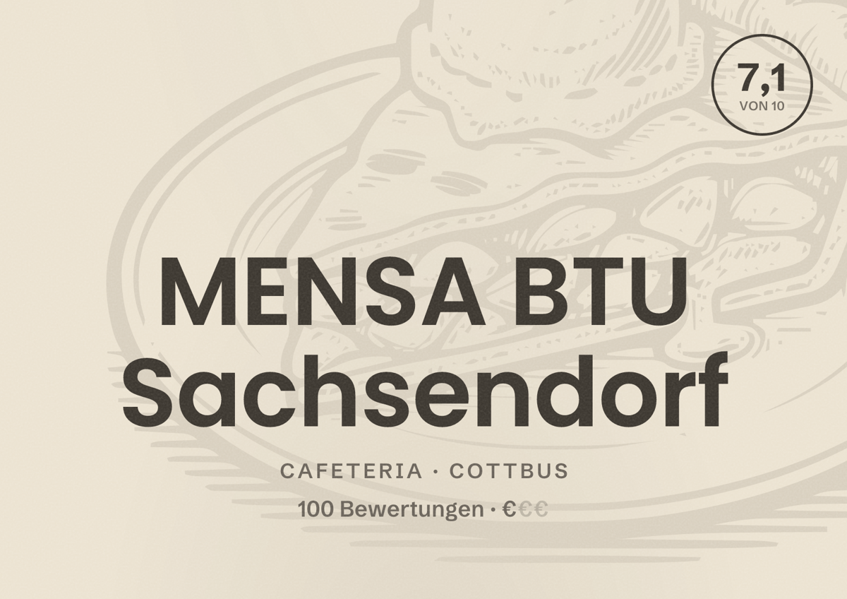 Illustriertes Poster von MENSA BTU Sachsendorf, Cafeteria in Cottbus: Bewertung 7,1 von 10 aus 100 Bewertungen, Preisniveau €