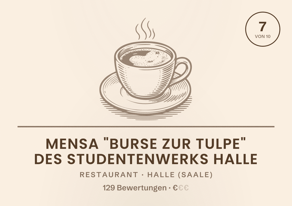 Illustriertes Poster von Mensa "Burse zur Tulpe" des Studentenwerks Halle, Restaurant in Halle (Saale): Bewertung 7,0 von 10 aus 129 Bewertungen, Preisniveau €