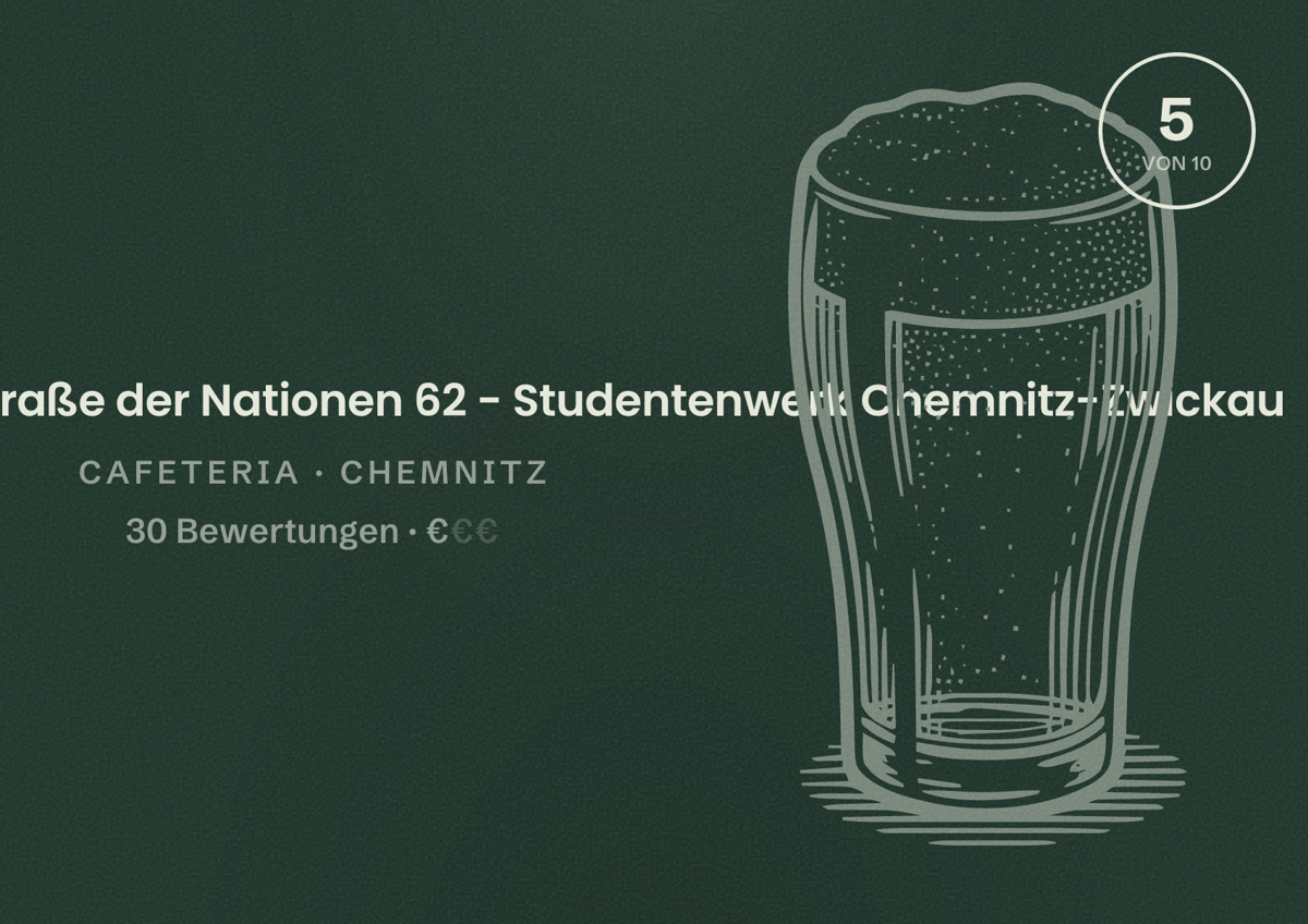 Illustriertes Poster von Mensa & Cafeteria Straße der Nationen 62 - Studentenwerk Chemnitz-Zwickau, Cafeteria in Chemnitz: Bewertung 5 von 10 aus 30 Bewertungen, Preisniveau €