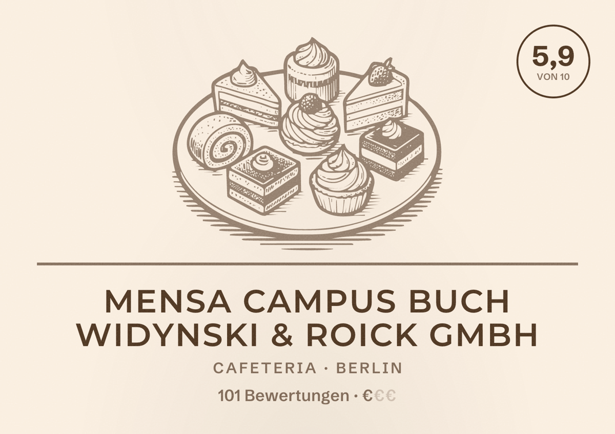 Illustriertes Poster von Mensa Campus Buch Widynski & Roick GmbH, Cafeteria in Berlin: Bewertung 5,9 von 10 aus 101 Bewertungen, Preisniveau €