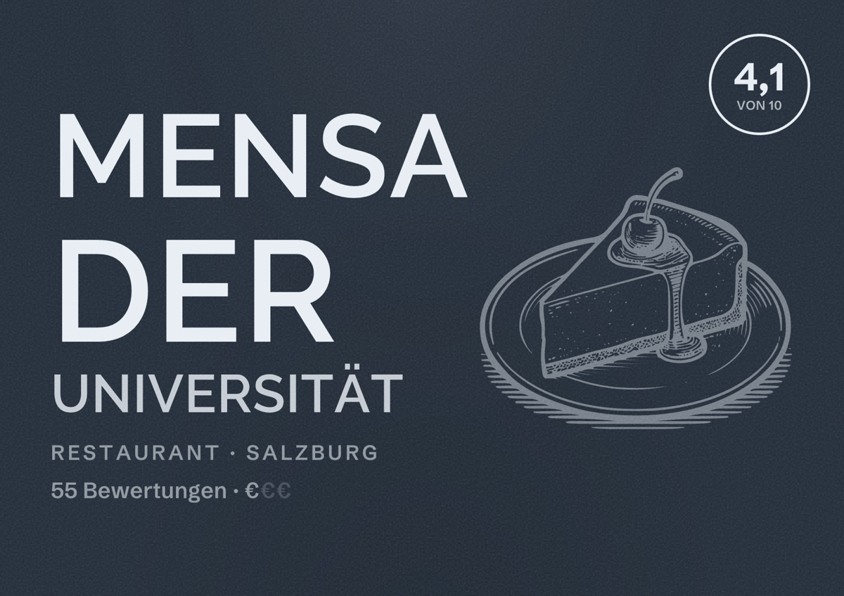 Illustriertes Poster von Mensa der Universität, Restaurant in Salzburg: Bewertung 4,1 von 10 aus 55 Bewertungen, Preisniveau €