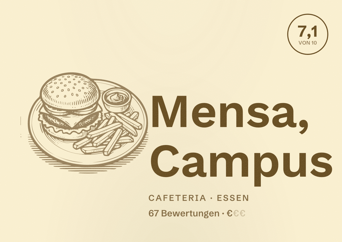 Illustriertes Poster von Mensa, Campus, Cafeteria in Essen: Bewertung 7,1 von 10 aus 67 Bewertungen, Preisniveau €