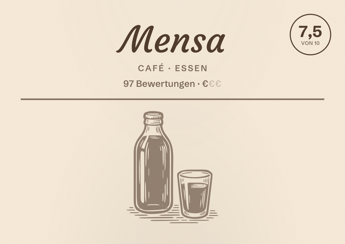 Illustriertes Poster von Mensa, Café in Essen: Bewertung 7,5 von 10 aus 97 Bewertungen, Preisniveau €