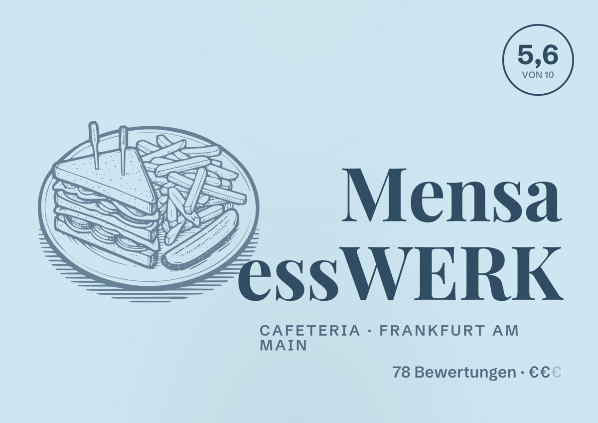 Illustriertes Poster von Mensa essWERK, Cafeteria in Frankfurt am Main: Bewertung 5,6 von 10 aus 78 Bewertungen, Preisniveau €€