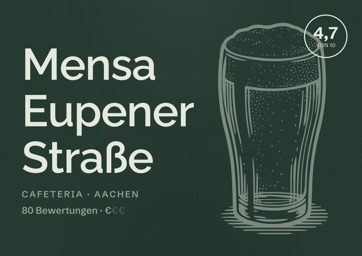 Illustriertes Poster von Mensa Eupener Straße, Cafeteria in Aachen: Bewertung 4,7 von 10 aus 80 Bewertungen, Preisniveau €