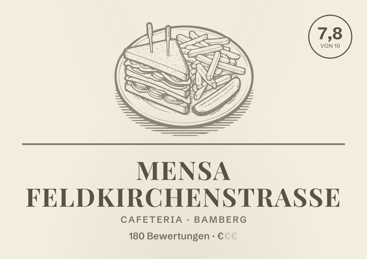 Illustriertes Poster von Mensa Feldkirchenstraße, Cafeteria in Bamberg: Bewertung 7,8 von 10 aus 180 Bewertungen, Preisniveau €