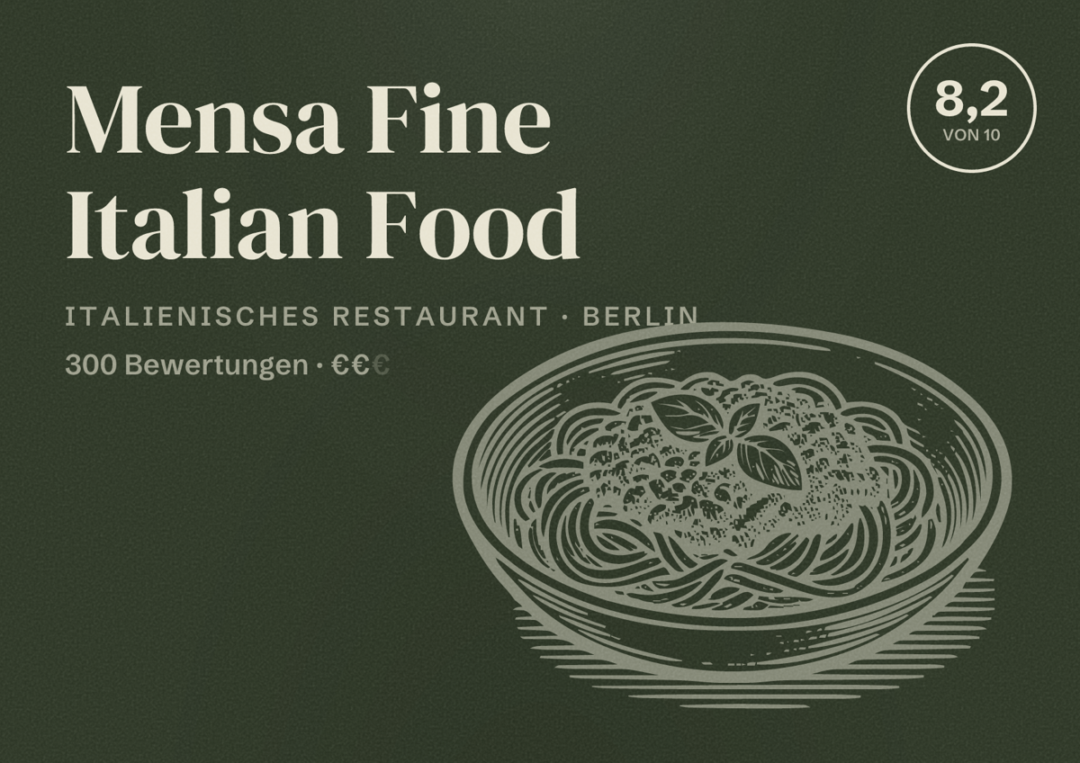 Illustriertes Poster von Mensa Fine Italian Food, Italienisches Restaurant in Berlin: Bewertung 8,2 von 10 aus 300 Bewertungen, Preisniveau €€