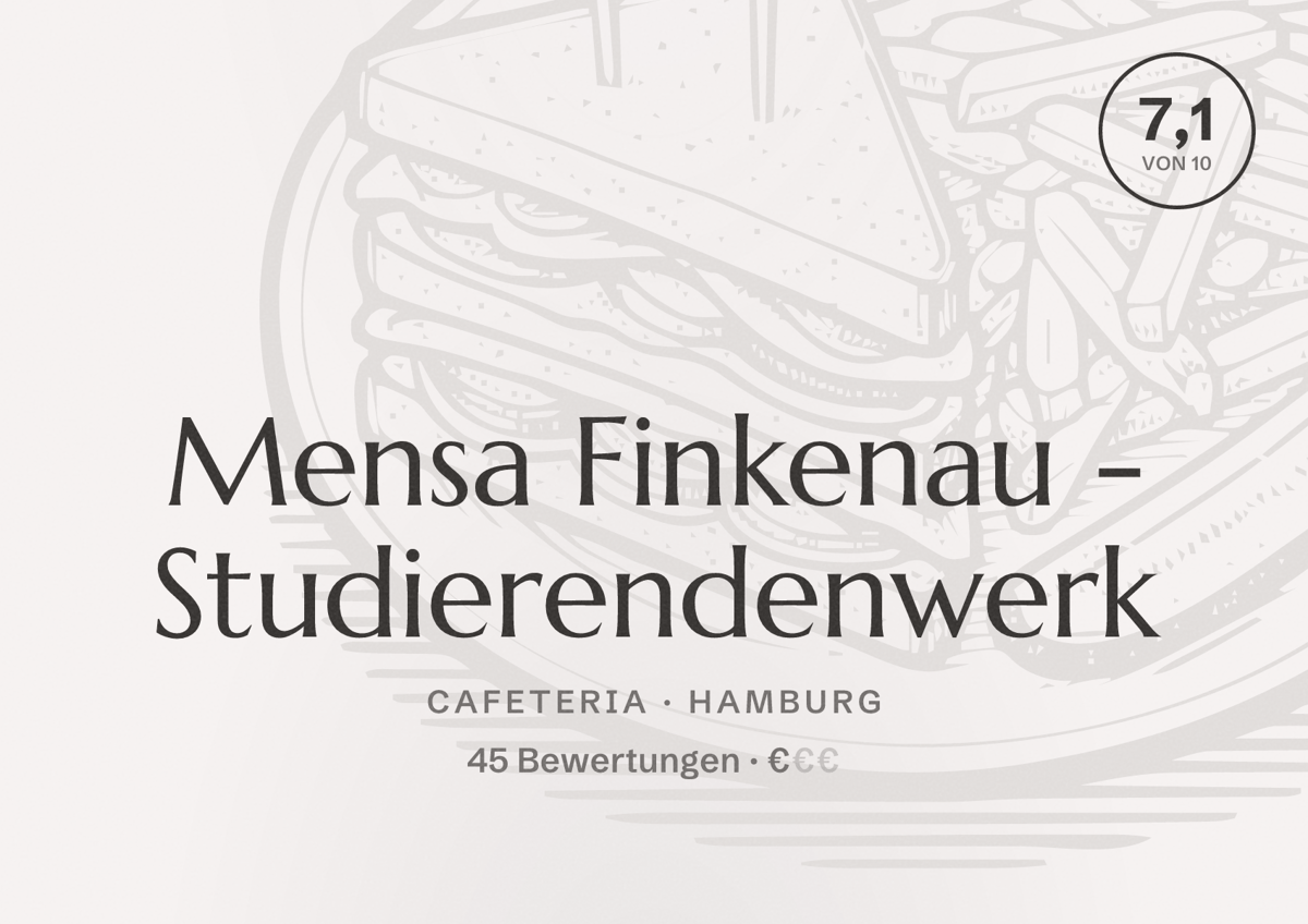 Illustriertes Poster von Mensa Finkenau - Studierendenwerk, Cafeteria in Hamburg: Bewertung 7,1 von 10 aus 45 Bewertungen, Preisniveau €