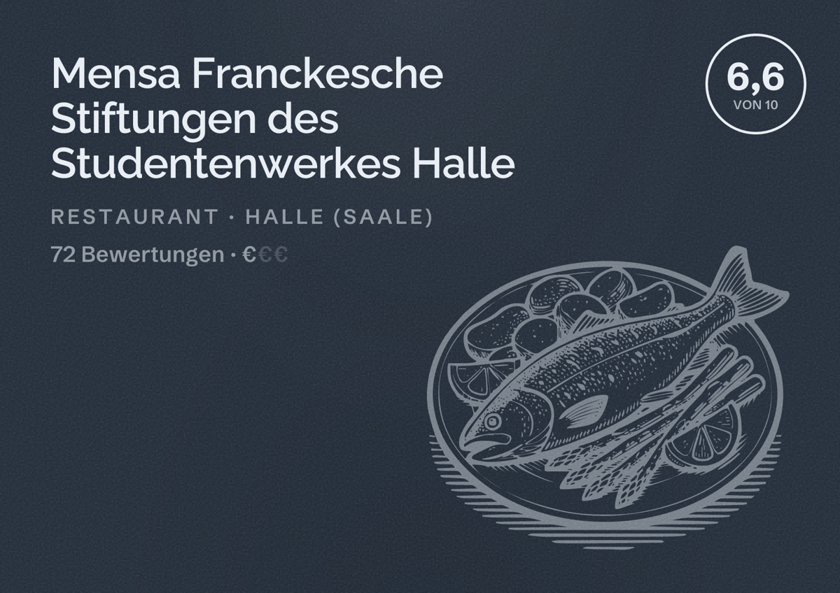 Illustriertes Poster von Mensa Franckesche Stiftungen des Studentenwerkes Halle, Restaurant in Halle (Saale): Bewertung 6,6 von 10 aus 72 Bewertungen, Preisniveau €