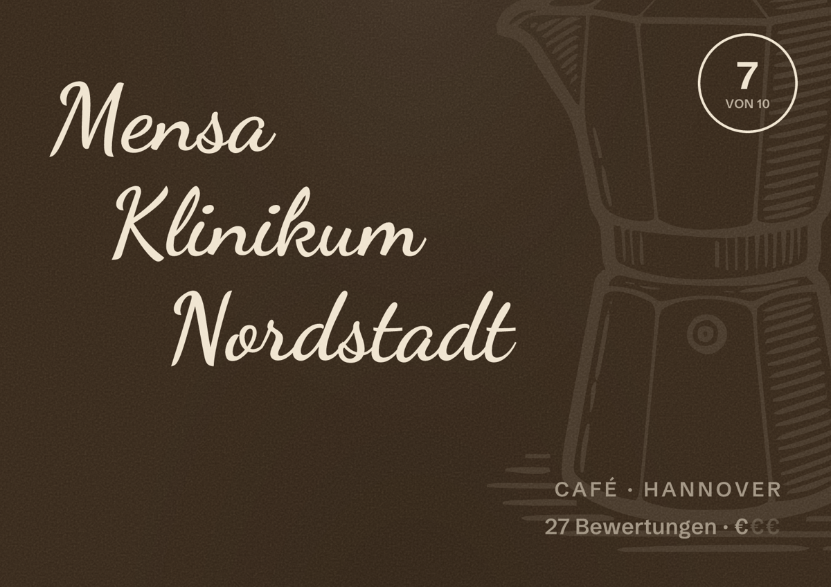 Illustriertes Poster von Mensa Klinikum Nordstadt, Café in Hannover: Bewertung 7,0 von 10 aus 27 Bewertungen, Preisniveau €