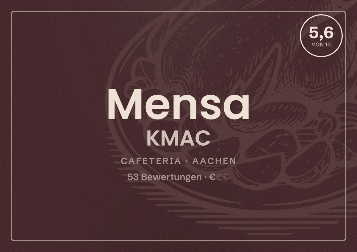 Illustriertes Poster von Mensa KMAC, Cafeteria in Aachen: Bewertung 5,6 von 10 aus 53 Bewertungen, Preisniveau €