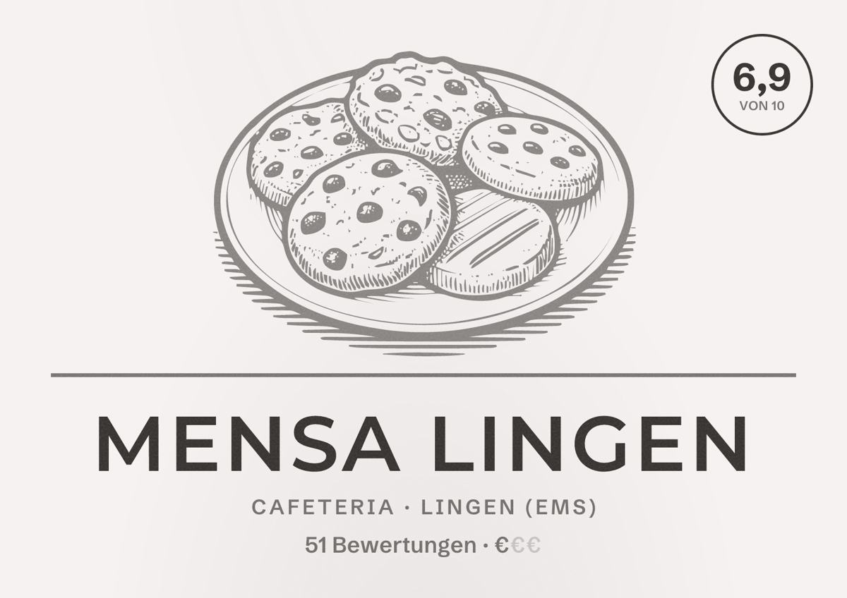 Illustriertes Poster von Mensa Lingen, Cafeteria in Lingen (Ems): Bewertung 6,9 von 10 aus 51 Bewertungen, Preisniveau €