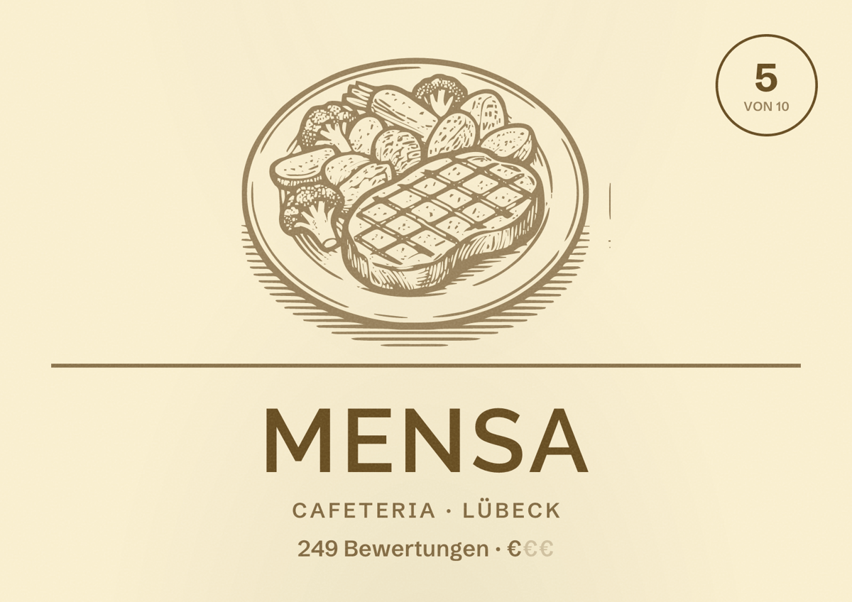 Illustriertes Poster von Mensa, Cafeteria in Lübeck: Bewertung 5 von 10 aus 249 Bewertungen, Preisniveau €