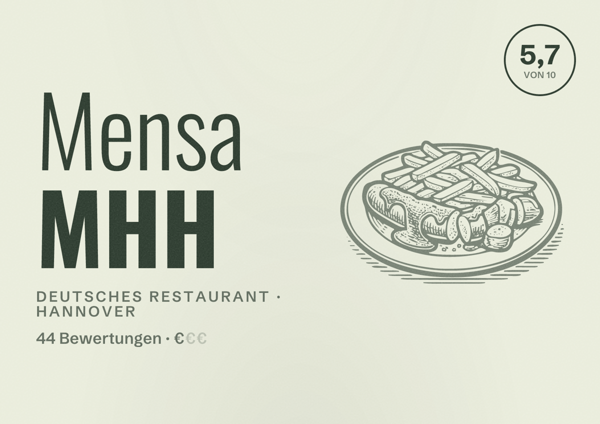 Illustriertes Poster von Mensa MHH, Deutsches Restaurant in Hannover: Bewertung 5,7 von 10 aus 44 Bewertungen, Preisniveau €