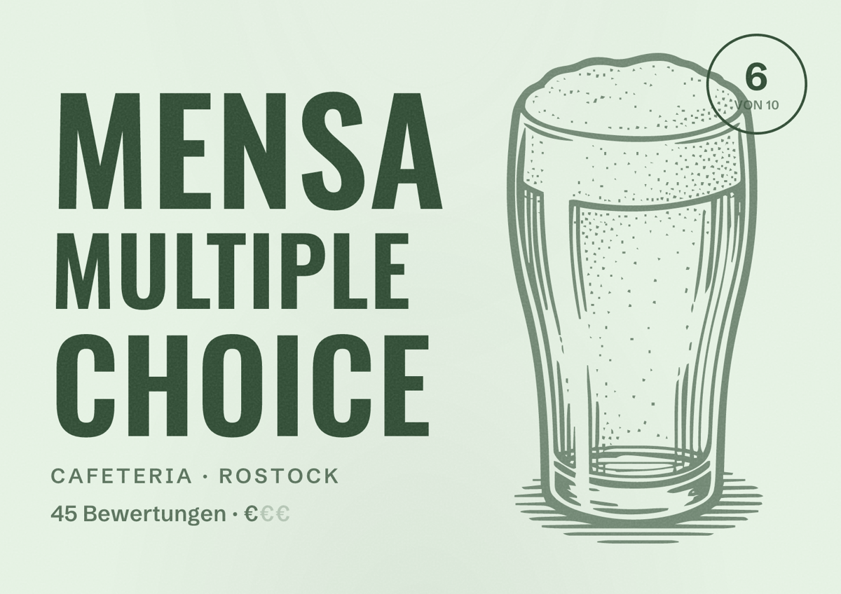 Illustriertes Poster von Mensa Multiple Choice, Cafeteria in Rostock: Bewertung 6 von 10 aus 45 Bewertungen, Preisniveau €