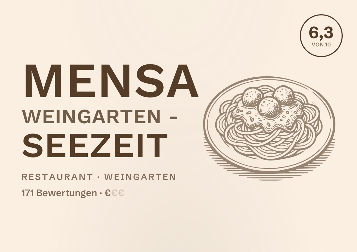 Illustriertes Poster von Mensa Weingarten - Seezeit, Restaurant in Weingarten: Bewertung 6,3 von 10 aus 171 Bewertungen, Preisniveau €