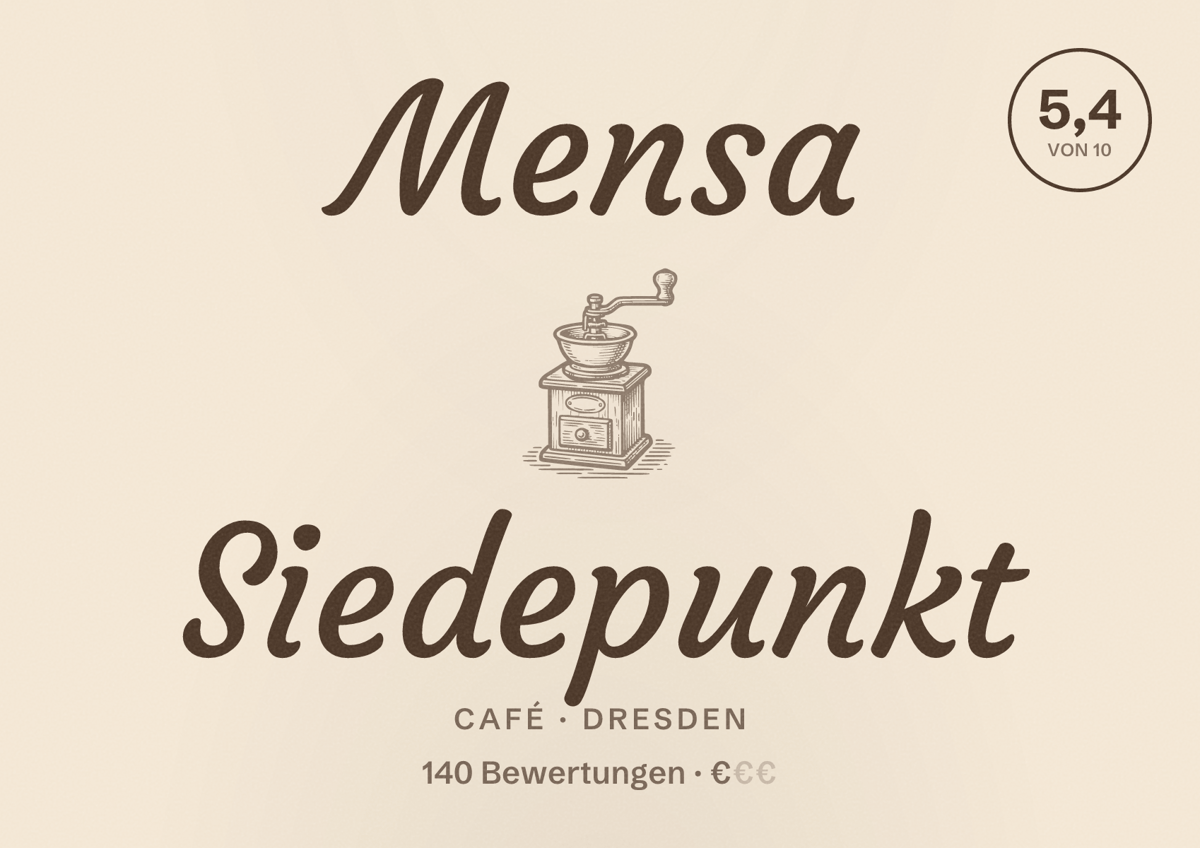 Illustriertes Poster von Mensa Siedepunkt, Café in Dresden: Bewertung 5,4 von 10 aus 140 Bewertungen, Preisniveau €