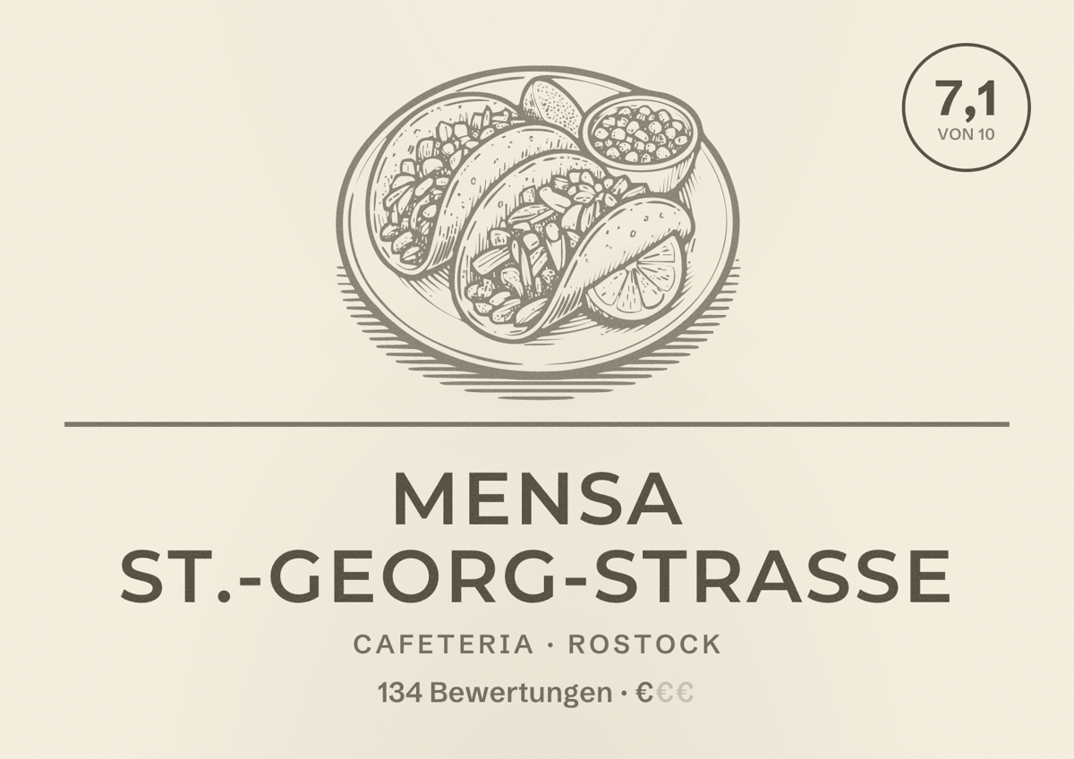 Illustriertes Poster von Mensa St.-Georg-Straße, Cafeteria in Rostock: Bewertung 7,1 von 10 aus 134 Bewertungen, Preisniveau €