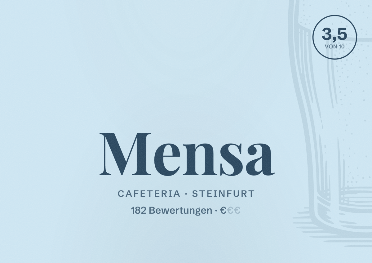Illustriertes Poster von Mensa, Cafeteria in Steinfurt: Bewertung 3,5 von 10 aus 182 Bewertungen, Preisniveau €