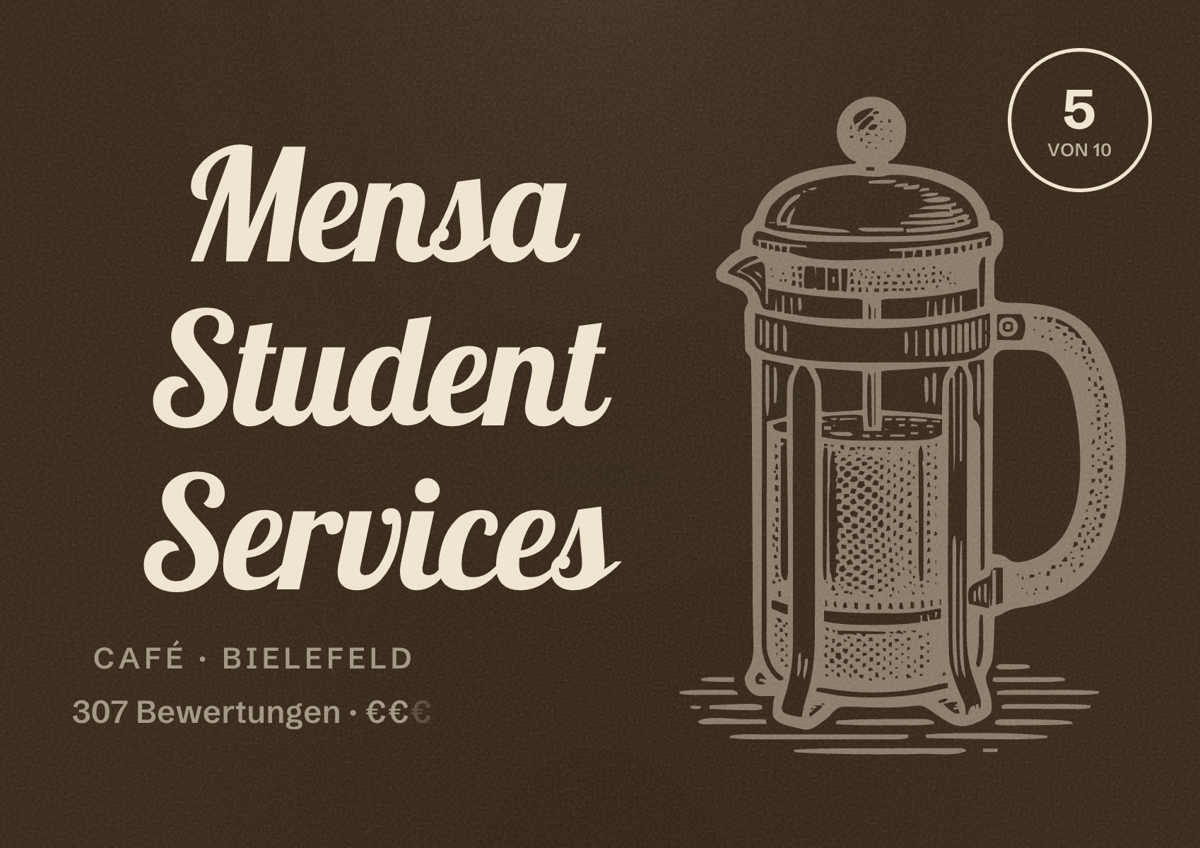 Illustriertes Poster von Mensa Student Services, Café in Bielefeld: Bewertung 5 von 10 aus 307 Bewertungen, Preisniveau €€