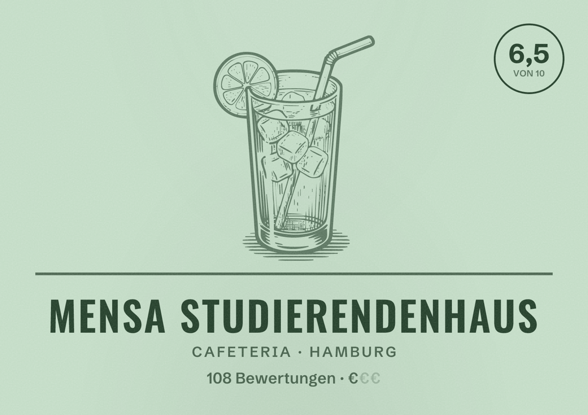 Illustriertes Poster von Mensa Studierendenhaus, Cafeteria in Hamburg: Bewertung 6,5 von 10 aus 108 Bewertungen, Preisniveau €