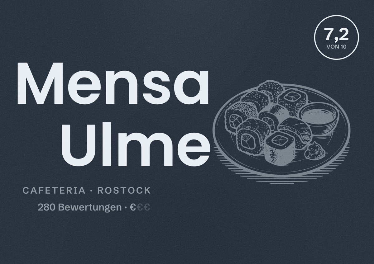 Illustriertes Poster von Mensa Ulme, Cafeteria in Rostock: Bewertung 7,2 von 10 aus 280 Bewertungen, Preisniveau €