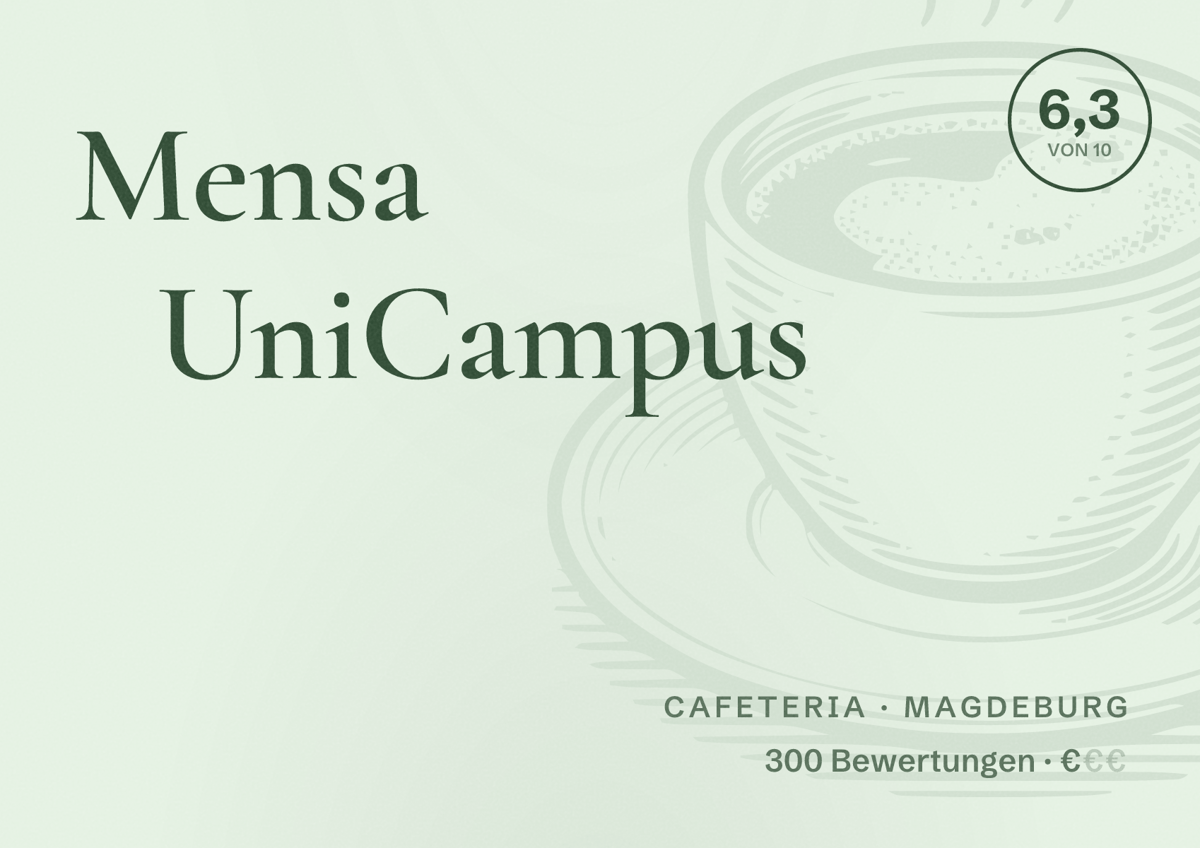 Illustriertes Poster von Mensa UniCampus, Cafeteria in Magdeburg: Bewertung 6,3 von 10 aus 300 Bewertungen, Preisniveau €