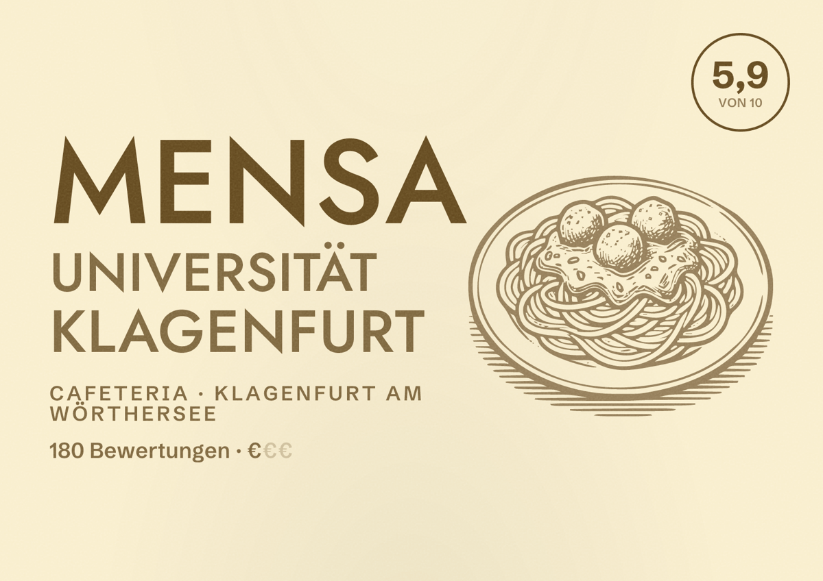 Illustriertes Poster von Mensa Universität Klagenfurt, Cafeteria in Klagenfurt am Wörthersee: Bewertung 5,9 von 10 aus 180 Bewertungen, Preisniveau €