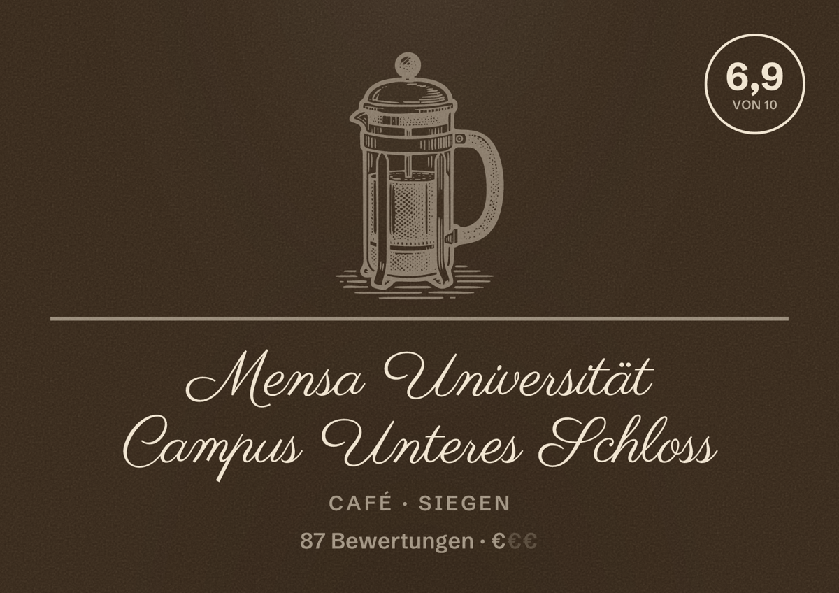 Illustriertes Poster von Mensa Universität Campus Unteres Schloss, Café in Siegen: Bewertung 6,9 von 10 aus 87 Bewertungen, Preisniveau €