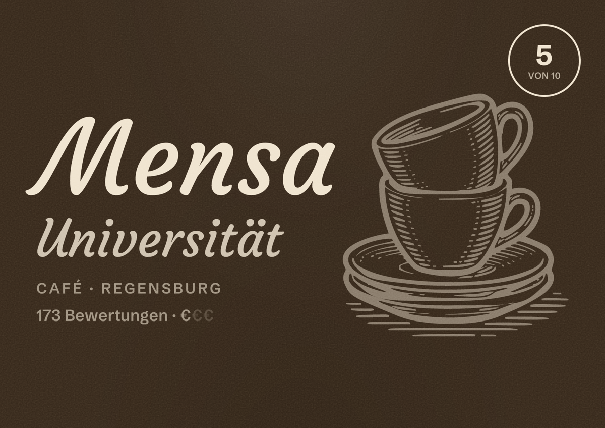 Illustriertes Poster von Mensa Universität, Café in Regensburg: Bewertung 5,0 von 10 aus 173 Bewertungen, Preisniveau €