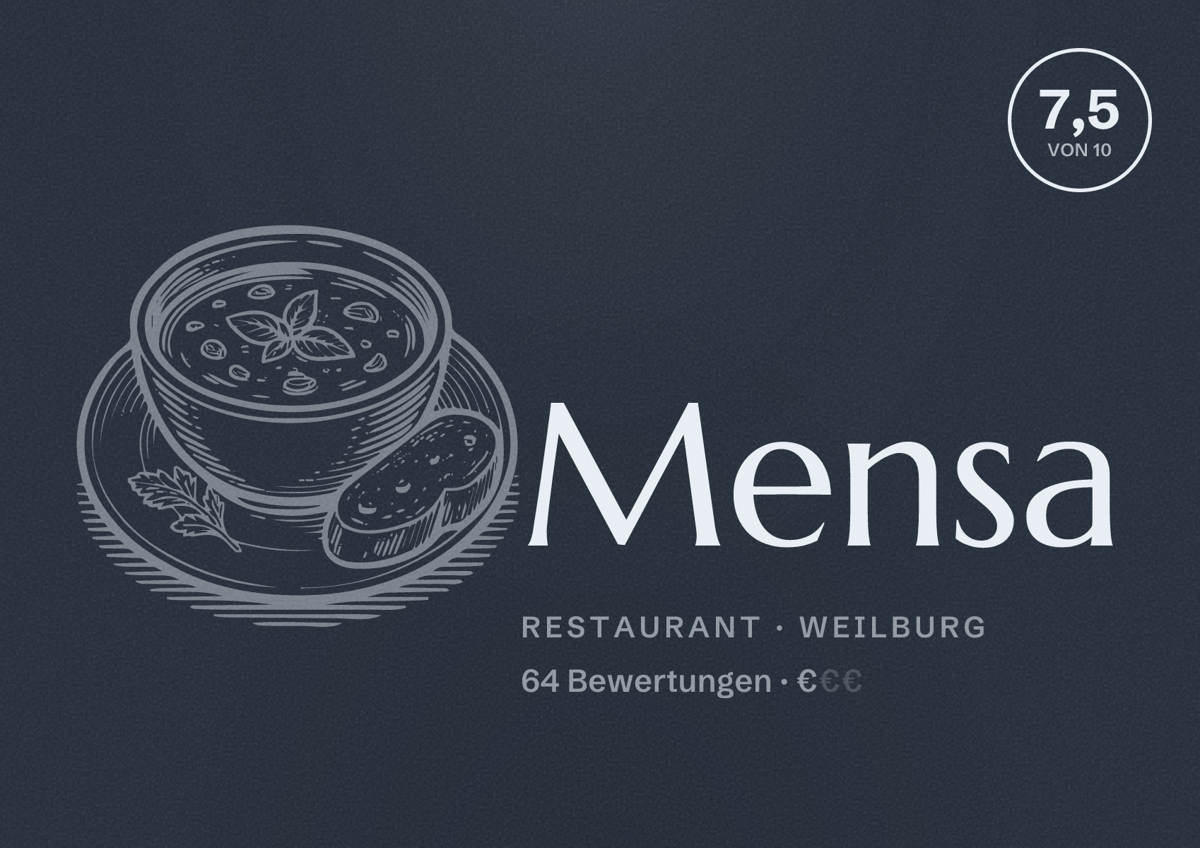 Illustriertes Poster von Mensa, Restaurant in Weilburg: Bewertung 7,5 von 10 aus 64 Bewertungen, Preisniveau €