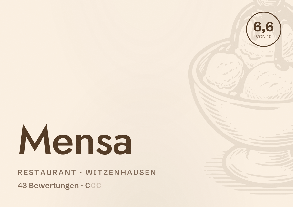 Illustriertes Poster von Mensa, Restaurant in Witzenhausen: Bewertung 6,6 von 10 aus 43 Bewertungen, Preisniveau €