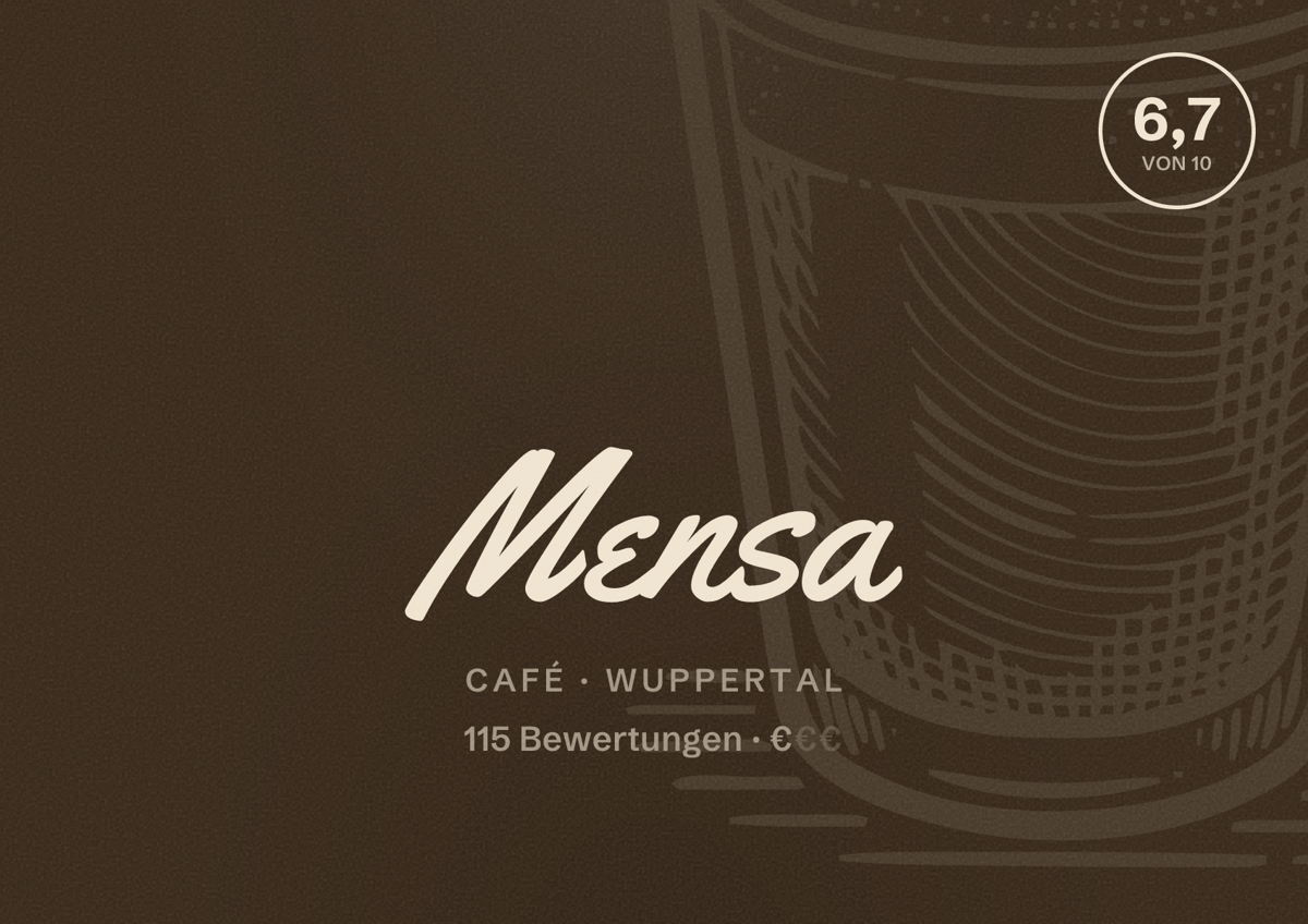 Illustriertes Poster von Mensa, Café in Wuppertal: Bewertung 6,7 von 10 aus 115 Bewertungen, Preisniveau €